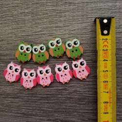 Set of wooden buttons, owls, pink-green